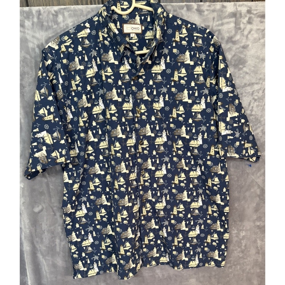 Bohio Breeze Men's Button Down Blue Shirt With Lighthouses SailingPattern Size L
